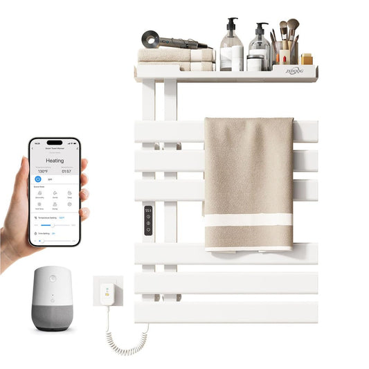 JSDQQG Smart Heated Towel Racks for Bathroom,Electric Towel Warmer Rack Voice Control,WiFi Heated Towel Rack Wall Mounted,Towel Warming Rack with Top Shelf and Led Timer,Flat Widen 6 Bar,White