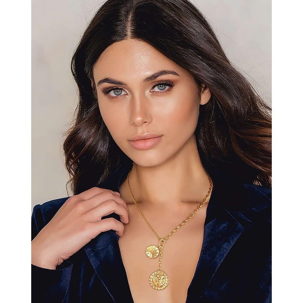 BONJOULRY Chunky Gold Lion Medallion Charm Sun Coin Pendant Necklace for Women 18K Gold Plated Dainty Paperclip Link Chain Choker Necklaces Trendy Celestial Jewelry Holiday Gift