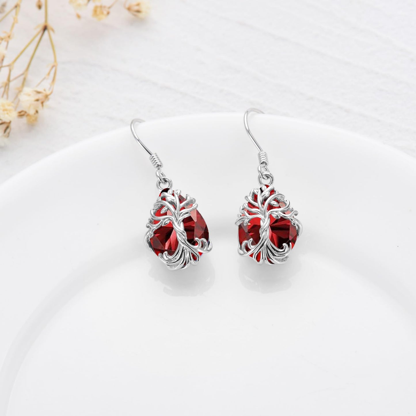 TOUPOP Garnet Tree of Life Earrings Sterling Silver Teardrop January Birthstone Earrings Family Tree Garnet Jewelry Birthday Mothers Day Gifts for Women Mom Her