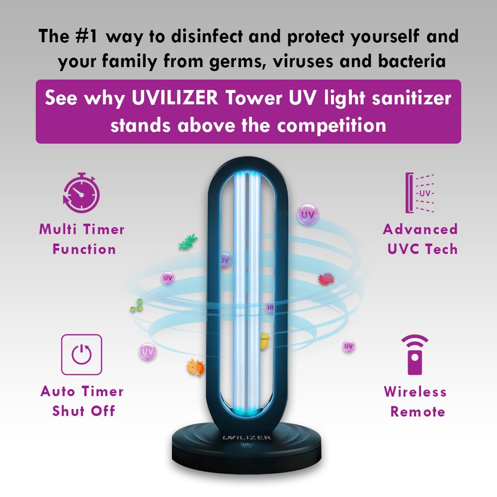 UVILIZER Tower - UV Light Sanitizer & Ultraviolet Lamp with Remote Control (UV-C Cleaner for Home, Room, Office | 38W UVC Disinfection Bulb | Kill Germs, Bacteria, Virus, Dust | USA)