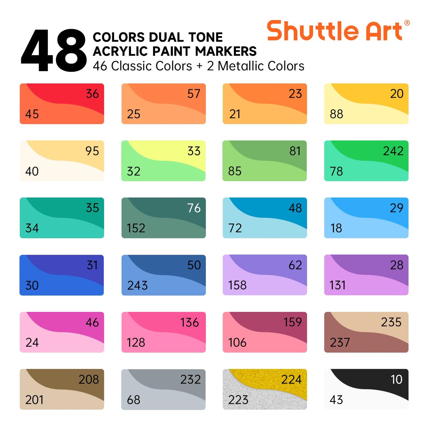 Shuttle Art 48 Colors Dual Tone Acrylic Paint Markers, 24 Pack Acrylic Paint Pens Set for Rock Painting, Ceramic, Wood, Canvas, Glass, Stone, Fabric, Card Making, DIY Crafts & Art Supplies