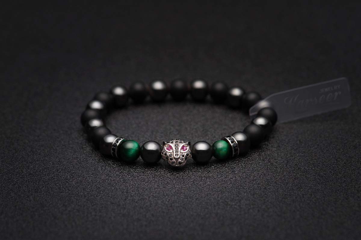 Karseer Black Panther Spirit Animal Bracelet, 8MM Natural Black Onyx Crystal and Hematite Beaded Elastic Bracelet, Handmade Meditation and Prayer Jewelry Unisex (Plated White Gold)