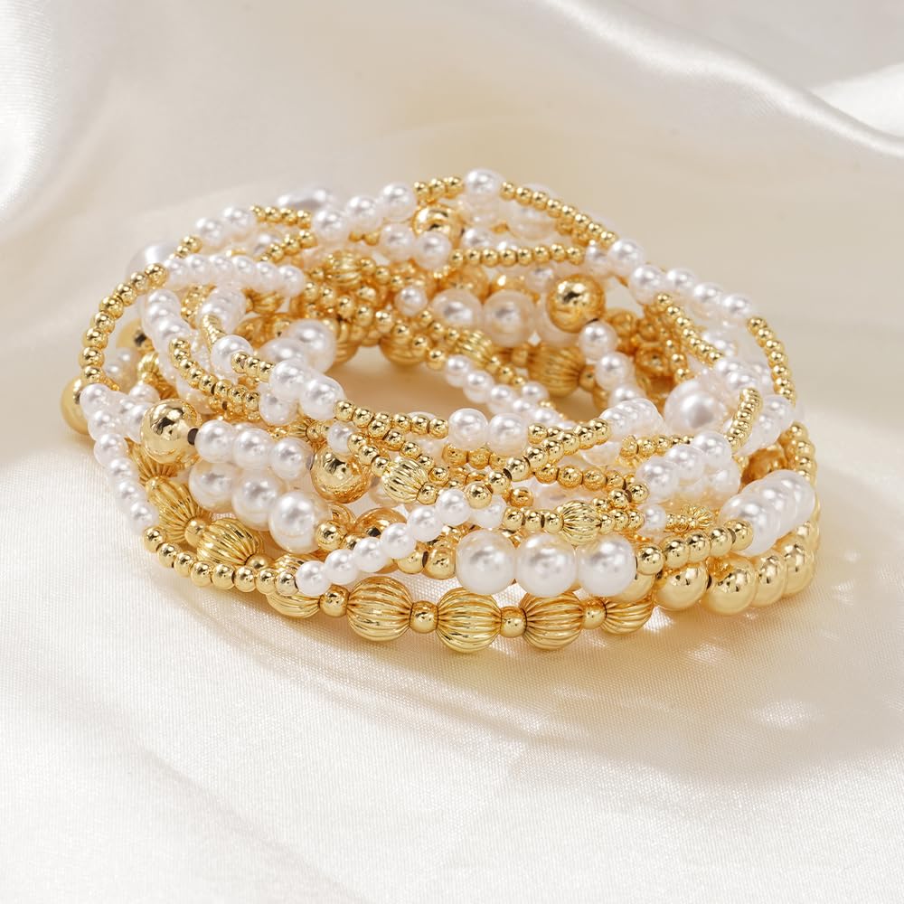 Dainty 14K Gold Pearl Beaded Bracelet Stack for Women,Handmade Bohemian Pearl Non Tarnish Stackable Bracelets Fashion Holiday Party Accessories Jewelry Gift Friendship