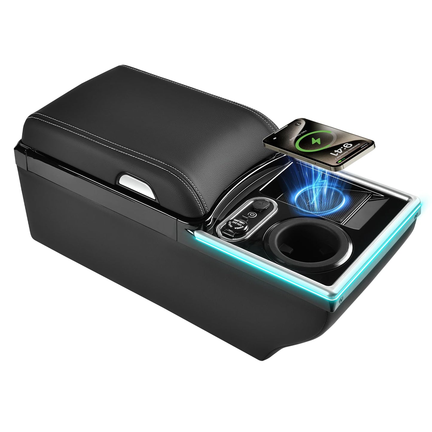 Coverado Center Console, Universal Bench Seat Center Console with Wireless Charging & Cup Holder & 7 Light Modes, Truck Back Seat Car Organizer, Rear Central Car Armrest Box with Storage, Black