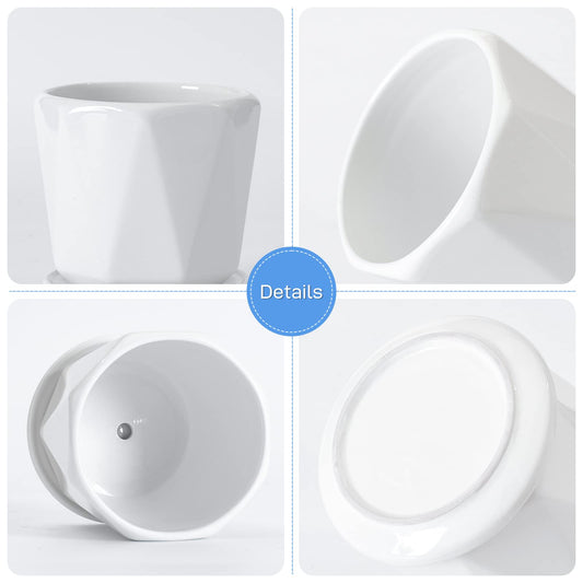 Octagon Ceramic Plant Pots - Indoor White Flower Planter Set with Drainage Holes, 6.5+5.5+4.5 Inch, Modern Decorative Planter Pots for Indoor Plants, Home Decor, Ideal Gifts for Women, Set of 3