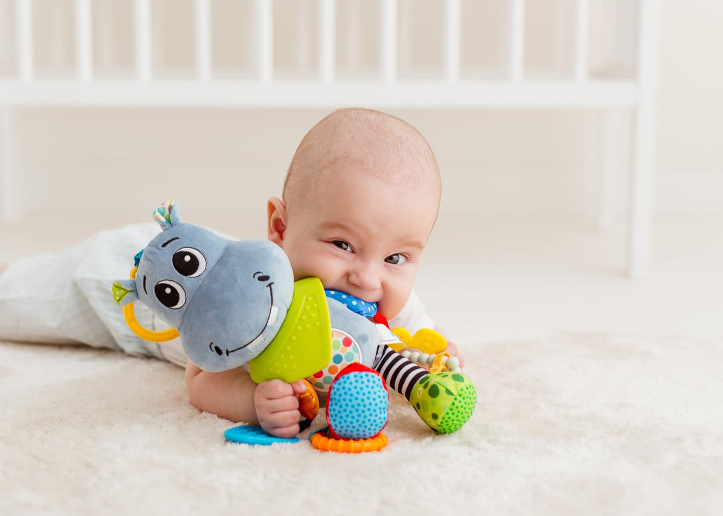 Balibazoo Hippo Hanging Baby Activity Toy – Soft Plush Sensory Toy with 3 BPA-Free Silicone Teethers, Crinkle Ears & Hidden Bell | Clip for Stroller and Car Seat | Developmental Toy 0-24M | Gift