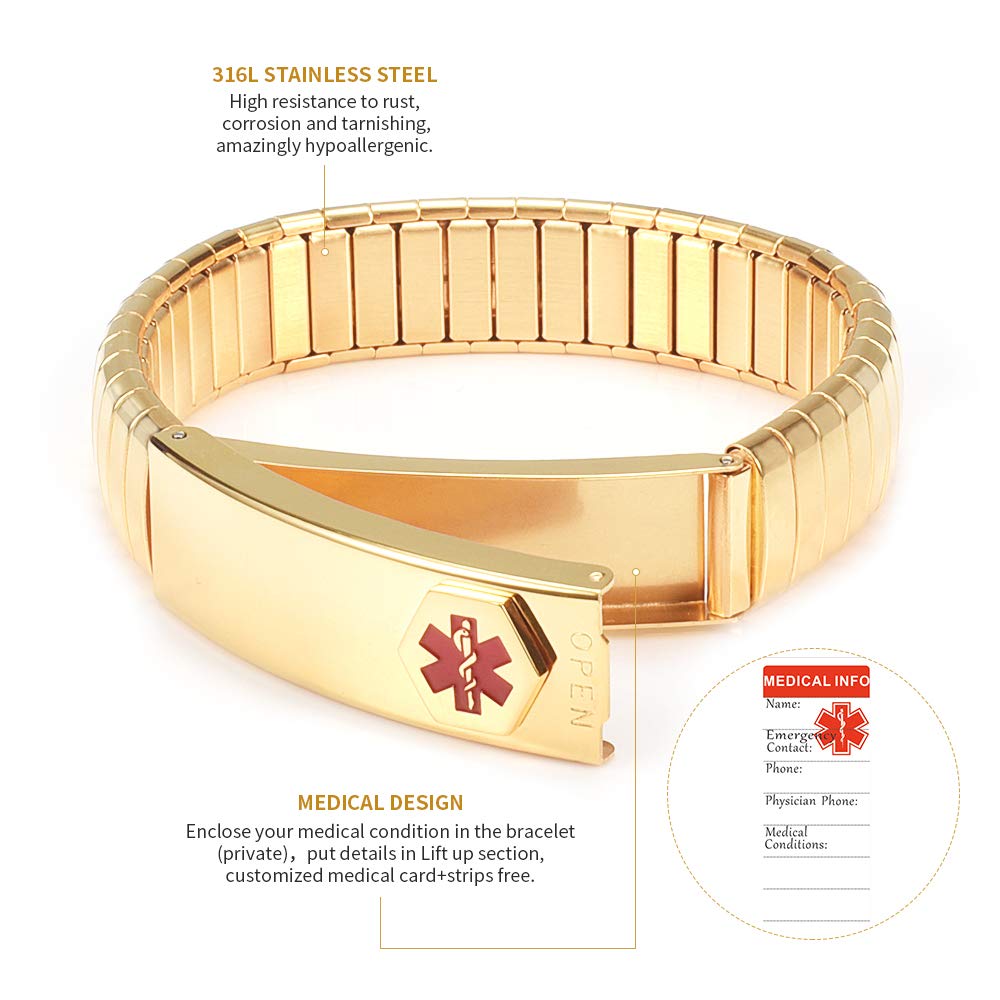 EnerMagiX Medical Alert Bracelet for Men Women, Id Elastic Stainless Steel Personalised (Put Details in Lift Up Section, Customized Card+Strips Free) (Gold, 7.48'')
