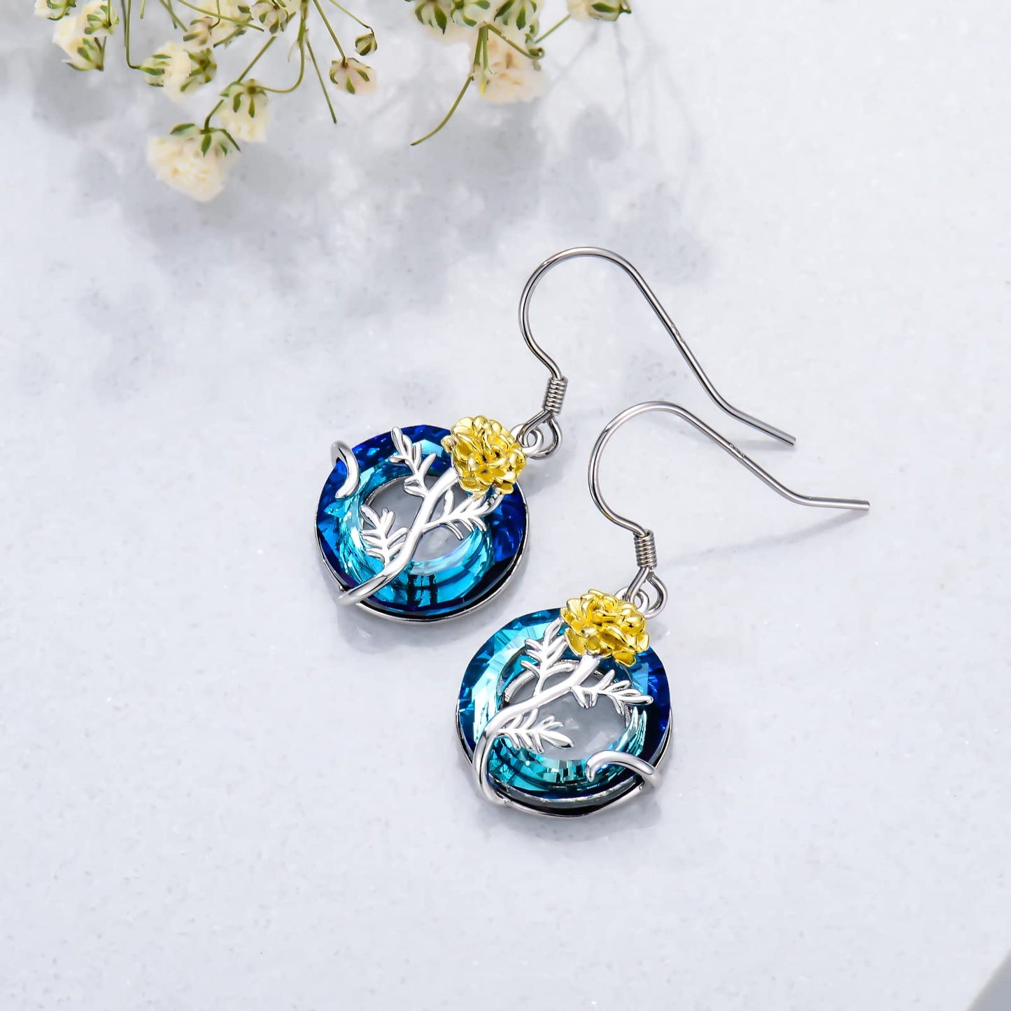 TOUPOP October Birth Flower Earrings Marigold Drop Dangle Earrings Blue Crystal Jewelry Birthday Mothers Day Gifts for Women Mom Her