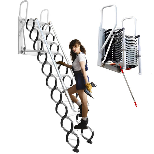 YIRCELOM Wall-Mounted Folding Stairs, 12 Steps, 3.2m Folding Loft Staircase with Handrails, Telescoping Attic Ladder with Pull Down System, Retractable Loft Ladder, Up to 600lbs, for Indoor Outdoor