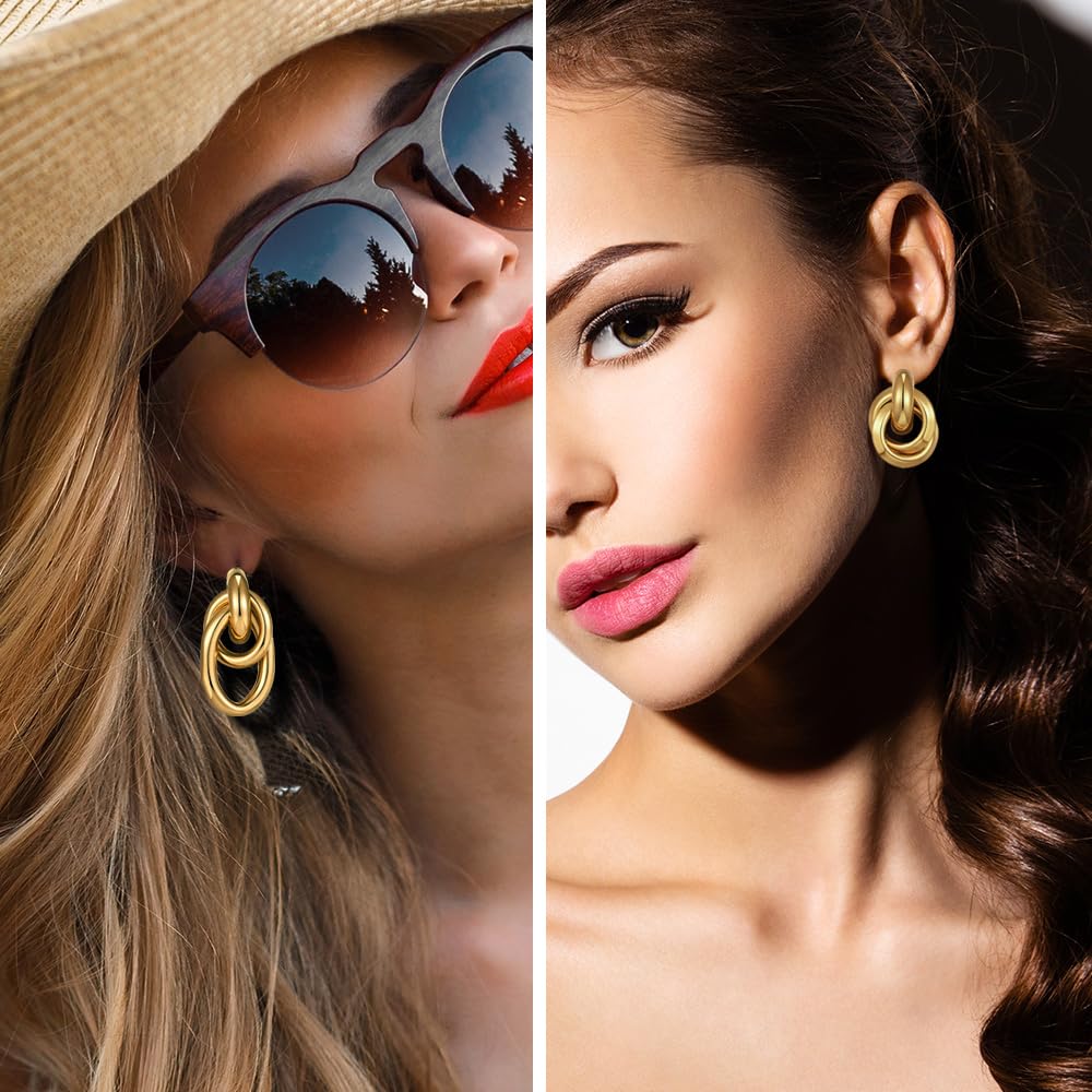 11 Pairs Trendy Gold Knot Earrings for Women Chunky Statement Long Link Drop Dangle Earrings Fashion Lightweight Hypoallergenic Jewelry Set (Gold)