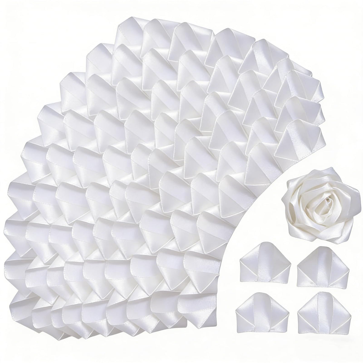 LatinaFlorista 300Pcs Premade Satin Ribbon Rose Petals Half-Finished for Eternal Rose DIY Ramos Forever Flowers Bouquets Everlasting Floral,for Wedding,Anniversary,Birthday (300 Pcs White)