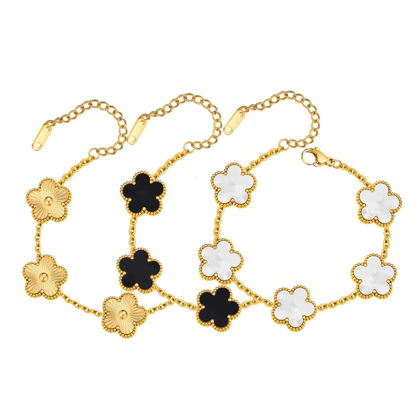Eclatienne Four Leaf Clover Bracelet Set for Women – 3Pcs 18K Gold Plated Lucky Charm Bracelets, Adjustable 4 Leaf Clover Jewelry Gift (White, Black & Gold)