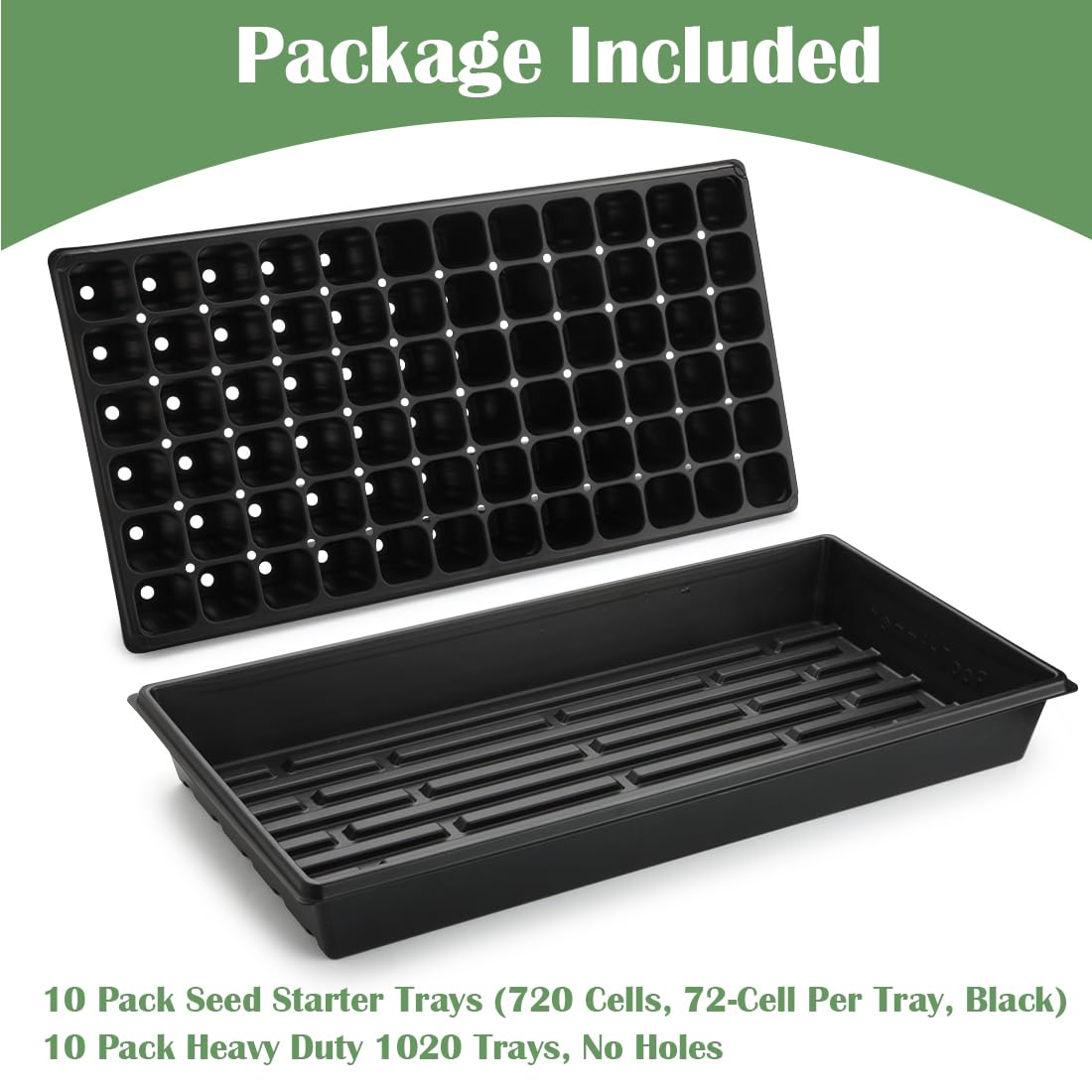 RooTrimmer 10 Pack 1020 Trays No Holes and 10 Pack 72 Cell Seed Starter Tray, 20" x 10" - Heavy Duty Reusable Plastic Seed Starter Kit for Microgreens, Seed Germination & Plant Propagation (10 Sets)