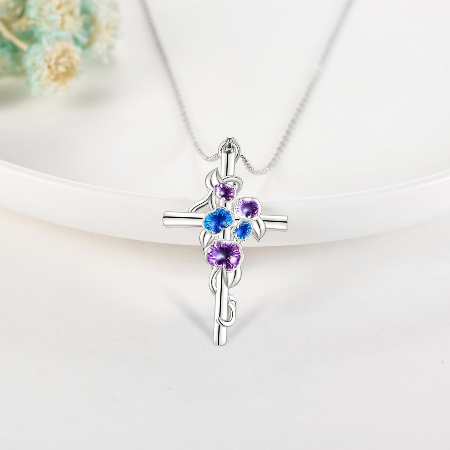 Morning Glory Cross Necklace for Women 925 Sterling Silver Morning Glory Pendant Necklace September Birth Flower Jewelry Gifts