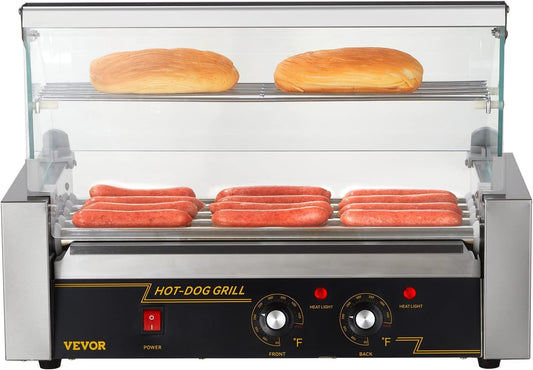VEVOR Hot Dog Roller, 12 Hot Dog Capacity 5 Rollers, 750W Stainless Steel Cook Warmer Machine with Cover & Dual Temp Control, LED Light & Detachable Drip Tray, Sausage Grill Cooker