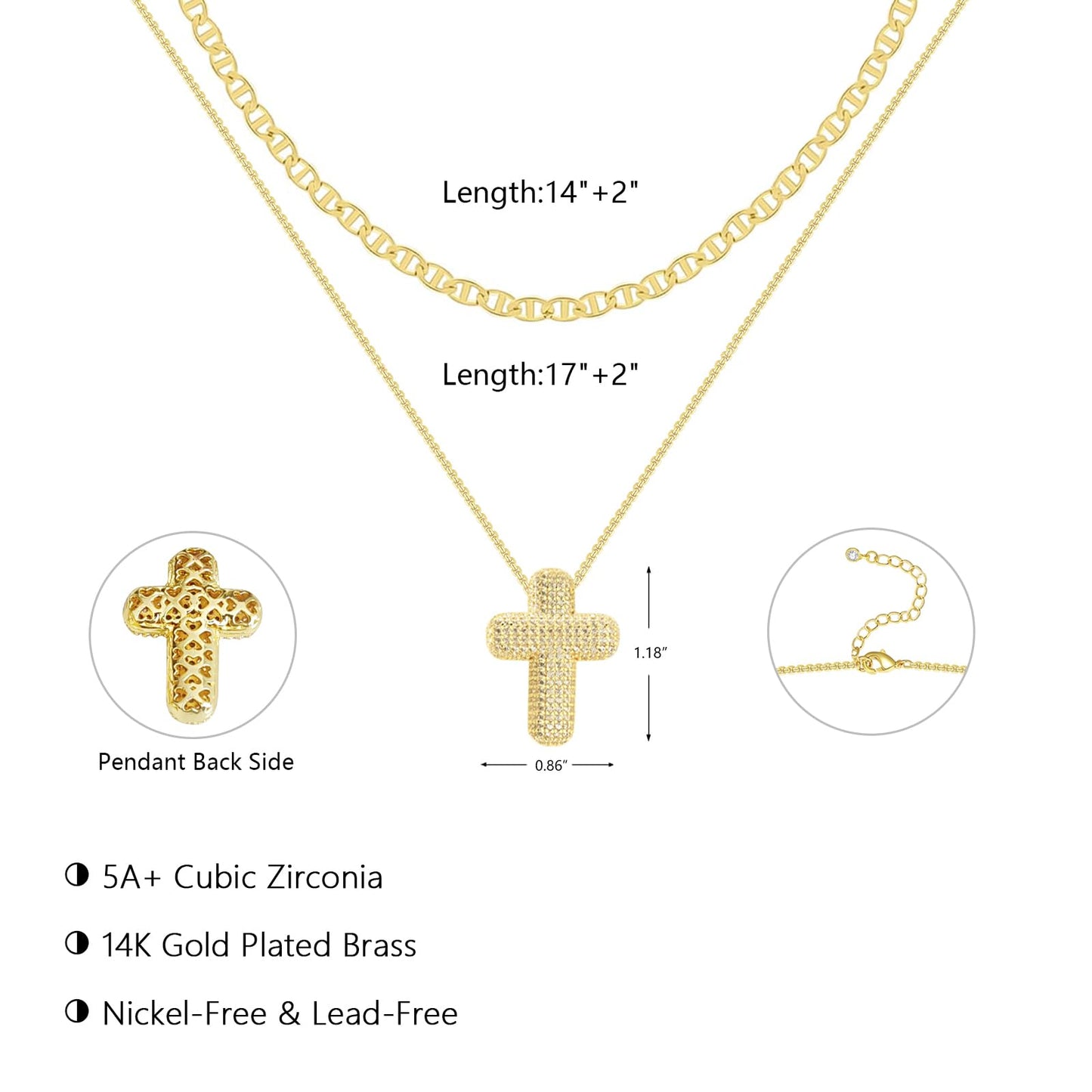 OGD Layered Gold Necklaces for Women 14k Gold Plated Cross Necklace for Women Stackable Stacked Stacking Dainty Gold Necklace Mariner Chain Necklace CZ Cross Pendant Necklaces Set Simple Jewelry Gift