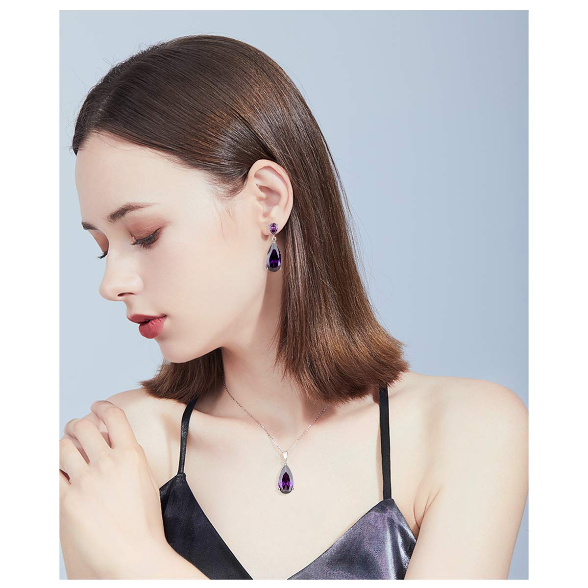 Mycitta Bridal Jewelry Set for Wedding - Amethyst Purple Teardrop Cubic Zirconia Crystal CZ Rhinestone Pendant Necklace Set for Mother of Bride Prom Party Formal Jewelry
