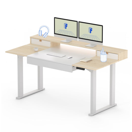 FLEXISPOT 4-Leg Standing Desk with Storage 71x32 in Electric Adjustable Height with 3 Drawers & Shelving Home Office Workstation (White + Maple Top)