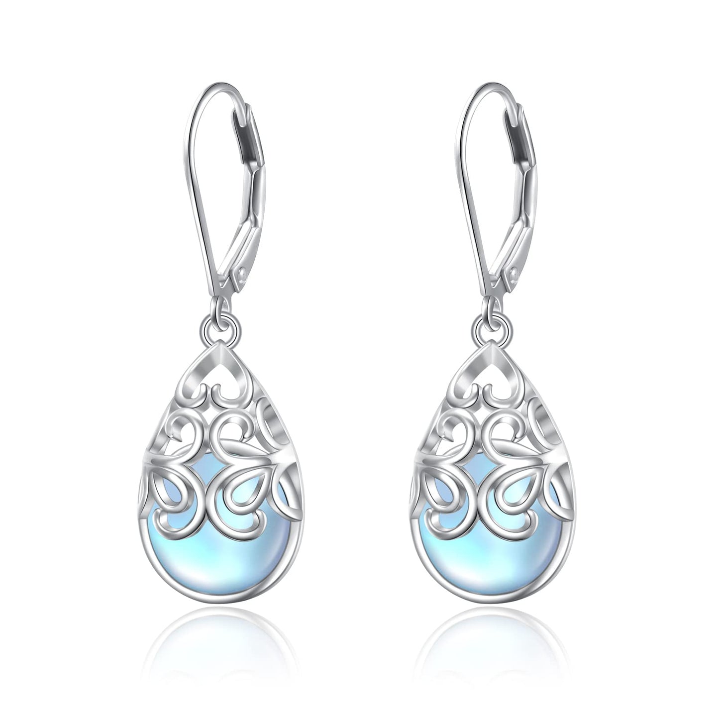 SHAOAN 925 Sterling Silver Filigree Dangle Earrings Moonstone Teardrop Leverback Earrings for Women Jewelry Gifts for Mother’s Day