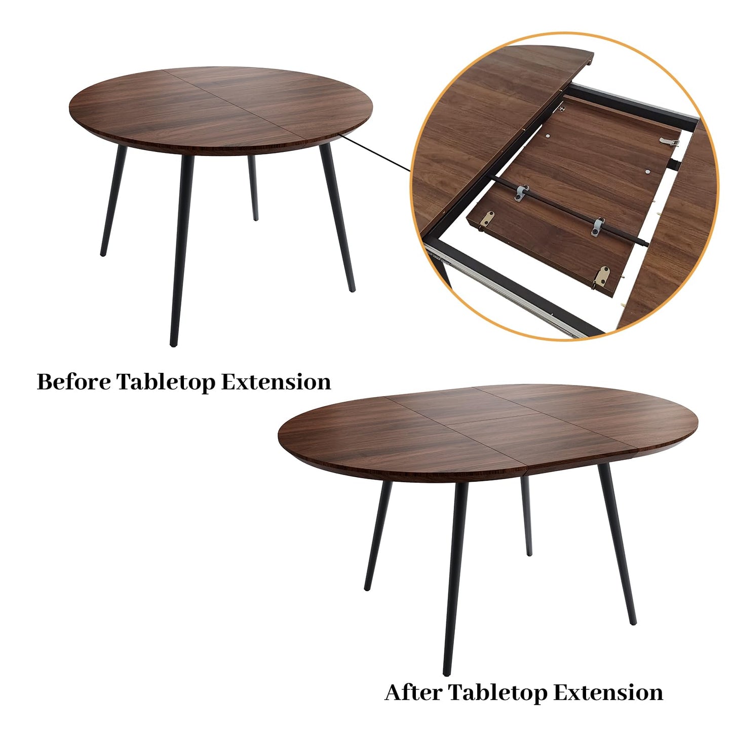 HIPIHOM 43.3"-59.1" Extendable Round Dining Table Set of 6, Mid Century Wooden Round Kitchen Table, Coffee Table for 4-6 Person,6 Gray PU Leather Chair