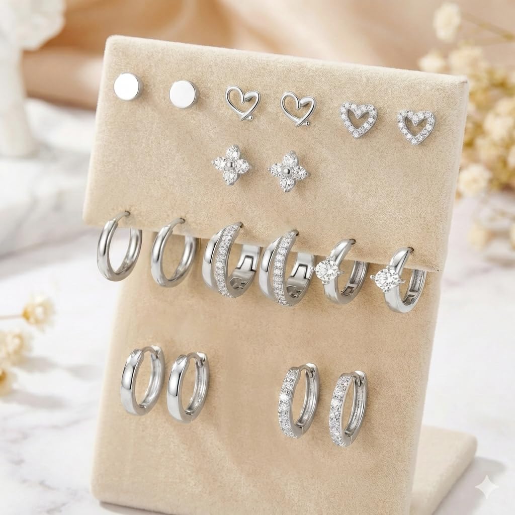 Nunpag 9 Pairs Hypoallergenic Trendy Silver Flat Back Earrings for Women CZ Stones Studs Earring Circle Heart Clover Hoop Earrings Stainless Steel Jewelry Gift for Sensitive Ears
