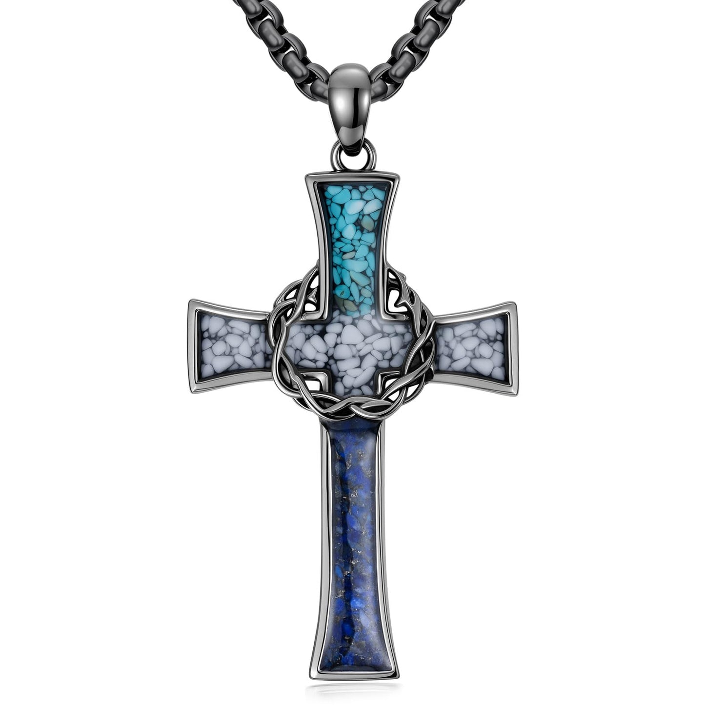YEESIA Cross Necklace for Women Men, 925 Sterling Silver, Black Thorn Crown Cross Pendant Necklace with Turquoise, Christian Jewelry, Gift for Women Men