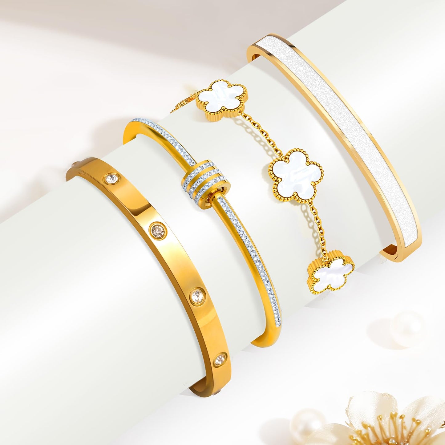 MOINSPIRE 18K Gold Plated Bracelets for Women, Stainless Steel Four Leaf Clover Tennis Nail Love Bangle Bracelets Set, Trendy Stackable Twist Cuff Bracelet Non Tarnish Jewelry Gifts for Christmas