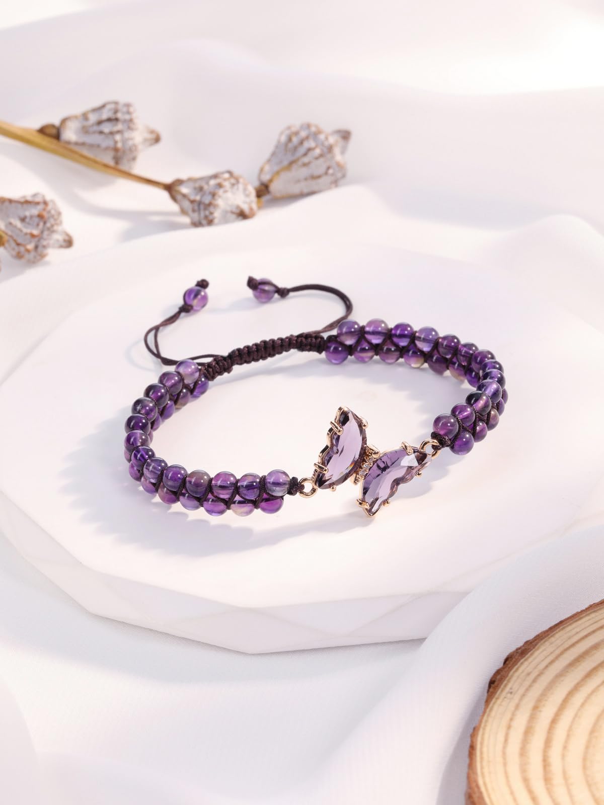 Top Plaza Healing Crystal Amethyst Bracelets for Women Purple Butterfly Natural Gemstone Beaded Bracelet Jewelry Gifts for Mom