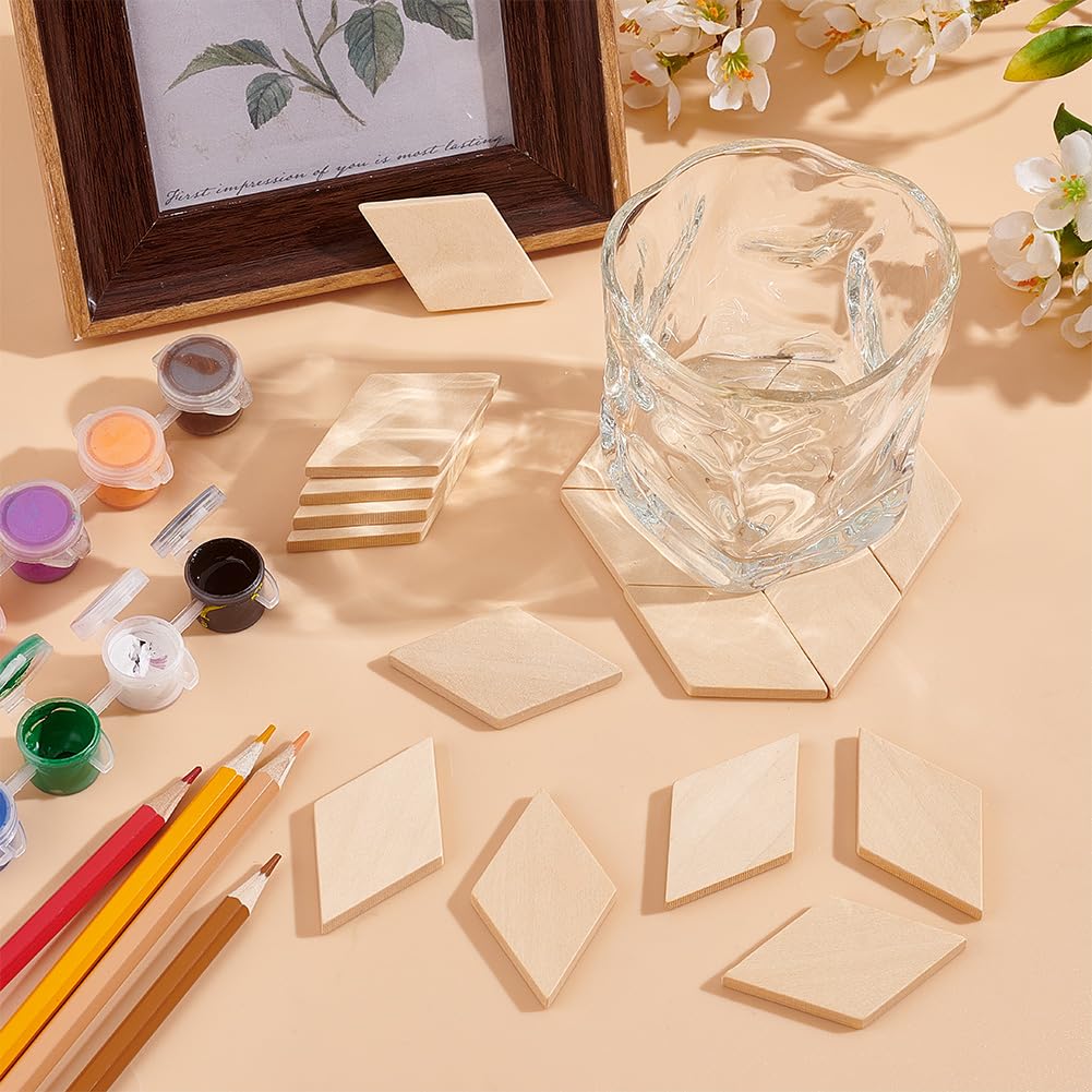 OLYCRAFT 50PCS Wood Pieces - Unfinished Natural Wood Rhombus Cutout Shape Blank Slices for DIY Crafts & Holiday Decoration - 2.3x1.3x0.2 Inch