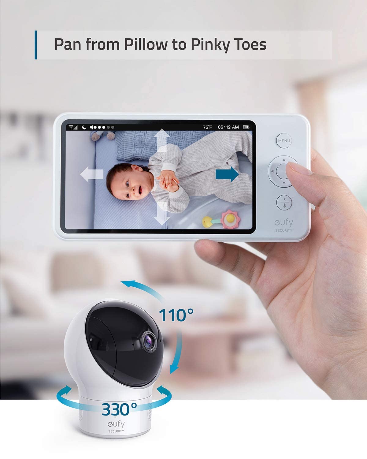 eufy Security Spaceview Video Baby Monitor E110 with Camera and Audio, Security Camera, 720p HD Resolution, Night Vision, 5" Display, 110° Wide-Angle Lens Included, Lullaby Player, Sound Alert