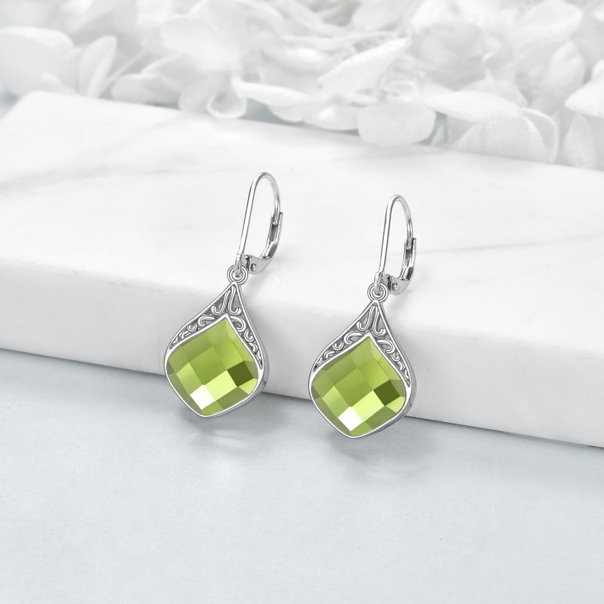 Peridot Drop Earrings Sterling Silver Green Crystal Teardrop Dangle Earrings Filigree Irish Jewelry Christmas Gifts for Women