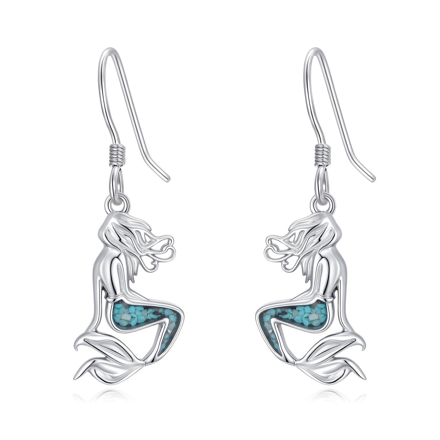 HPQQ Mermaid Earrings 925 Sterling Silver Turquoise Mermaid Dangle Earrings Ocean Beach Themed Jewelry Mother's Day Jewelry Gifts for Women