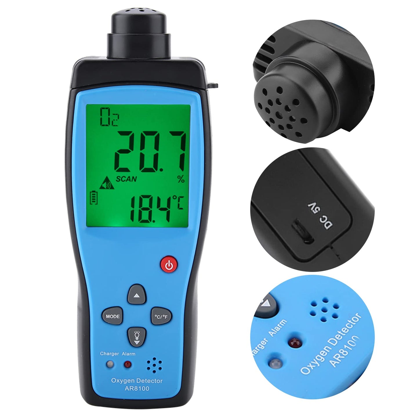 AR8100 Handheld Oxygen Detector, Oxygen O2 Detector Analyzer Rechargeable O2 Meter with LCD Backlit Display Portable Oxygen Purity Detector Inspector for Outdoor, Home, Industry