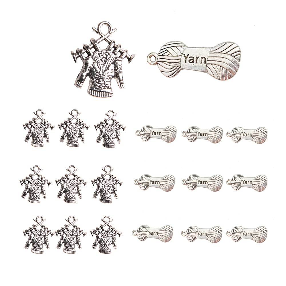 Opexicos 100Pcs Yarn Charms Yarn Pendants 12 x 28 mm and "Knitting" Sweater Charms Kiitting Sweater Pendants Antiqued Silver Tone Double Sided 17 x 18 mm DIY Handmade Accessories Craft