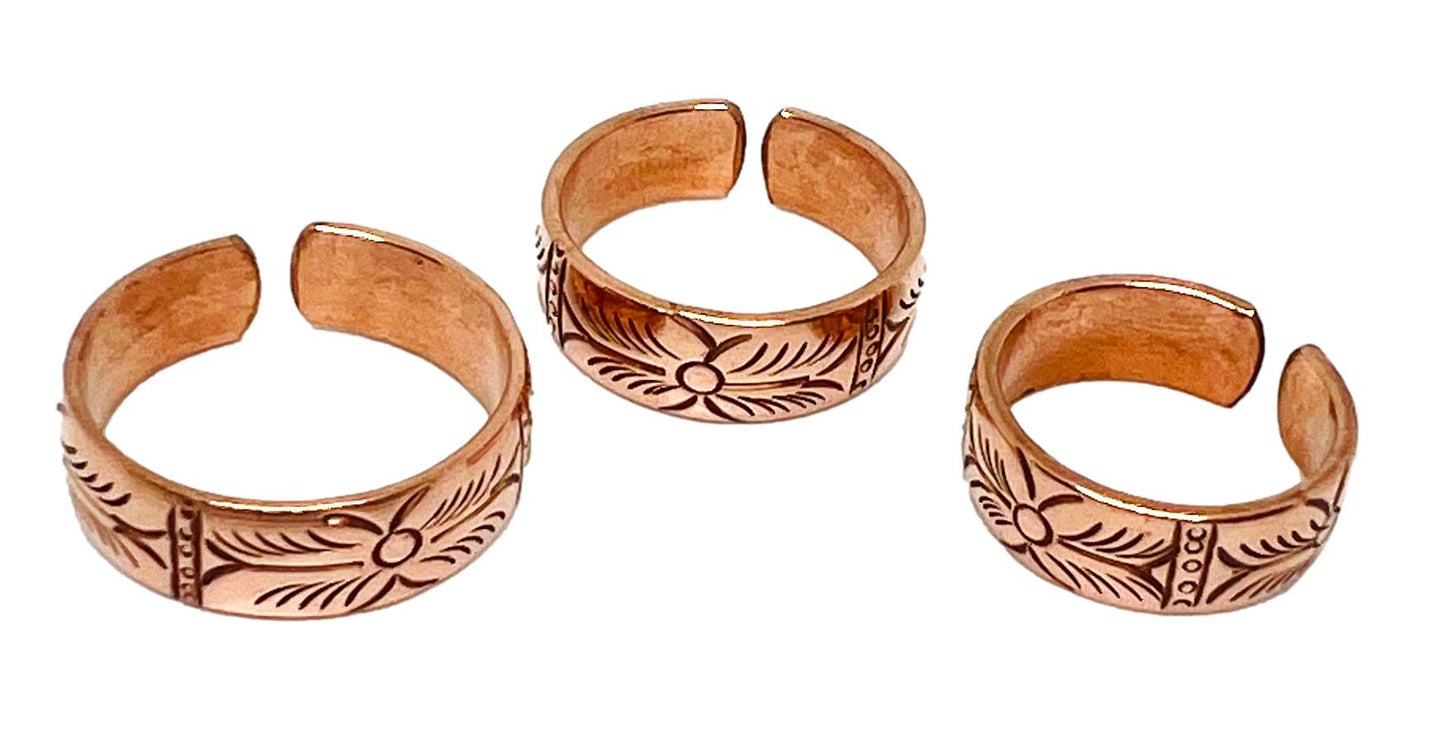 Set of 3 Hand Forged Pure Copper Rings. Made with 100% Pure Raw Untreated Copper. Tibetan Healing Medicine Ring Set. (Carved)