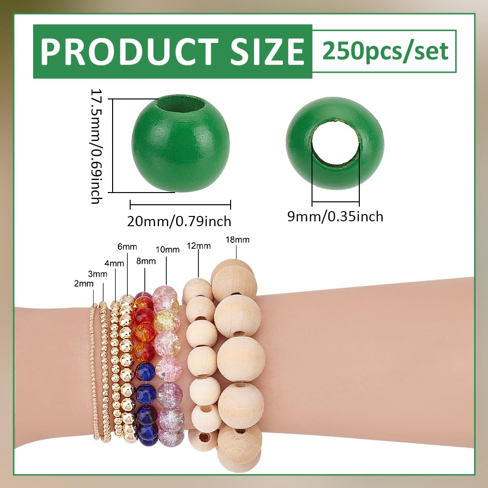 PH PandaHall 250Pcs 20mm Wood Beads 9mm Large Hole Wood European Rondelle Bead Wooden Macrame Beads for Bracelet Craft Garland Christmas Tree Tassel Decor Home Decoration, Green