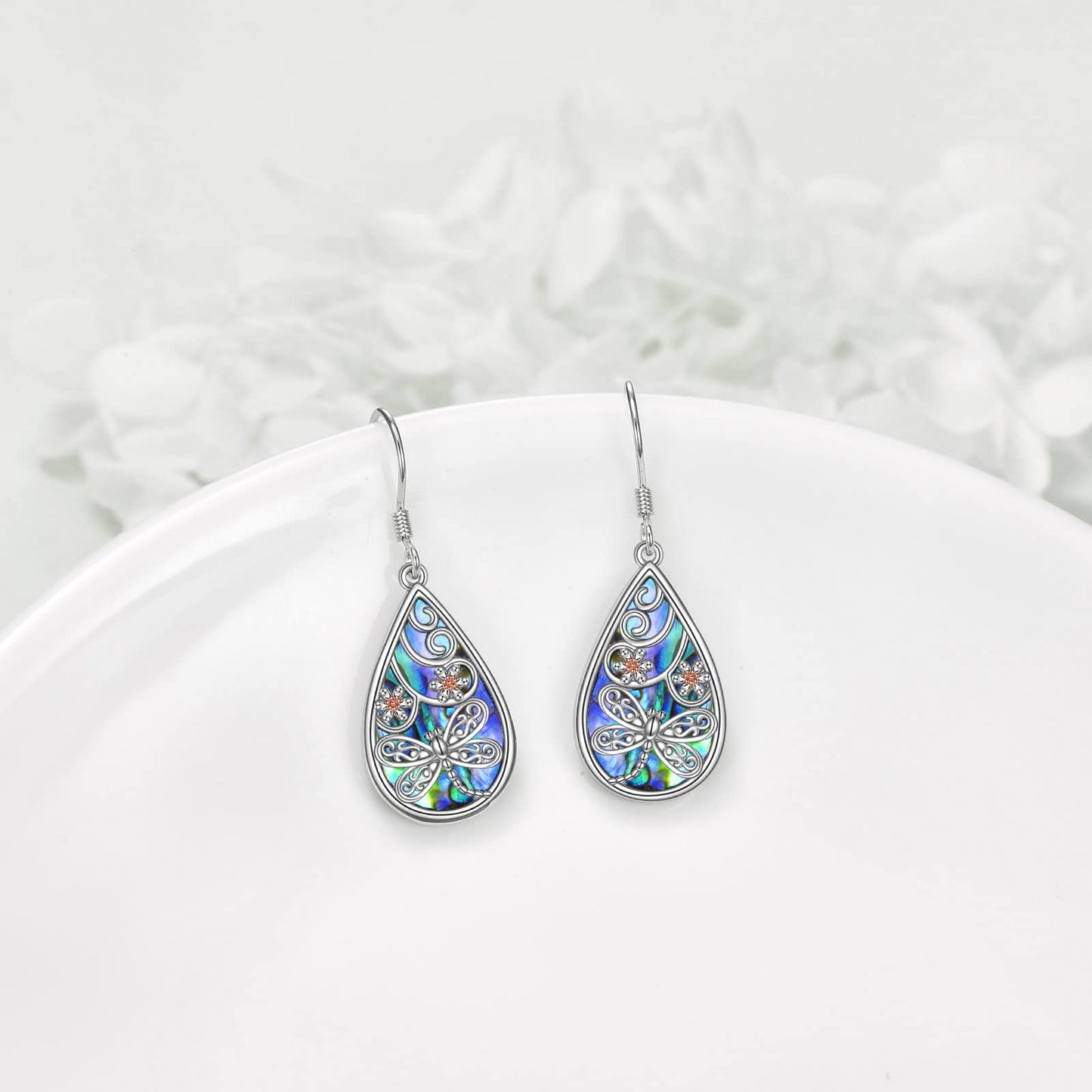 POPLYKE Dragonfly Earrings 925 Sterling Silver Leverback Earrings for Women Teardrop Abalone Earrings Dangle Dragonfly Jewelry Gifts