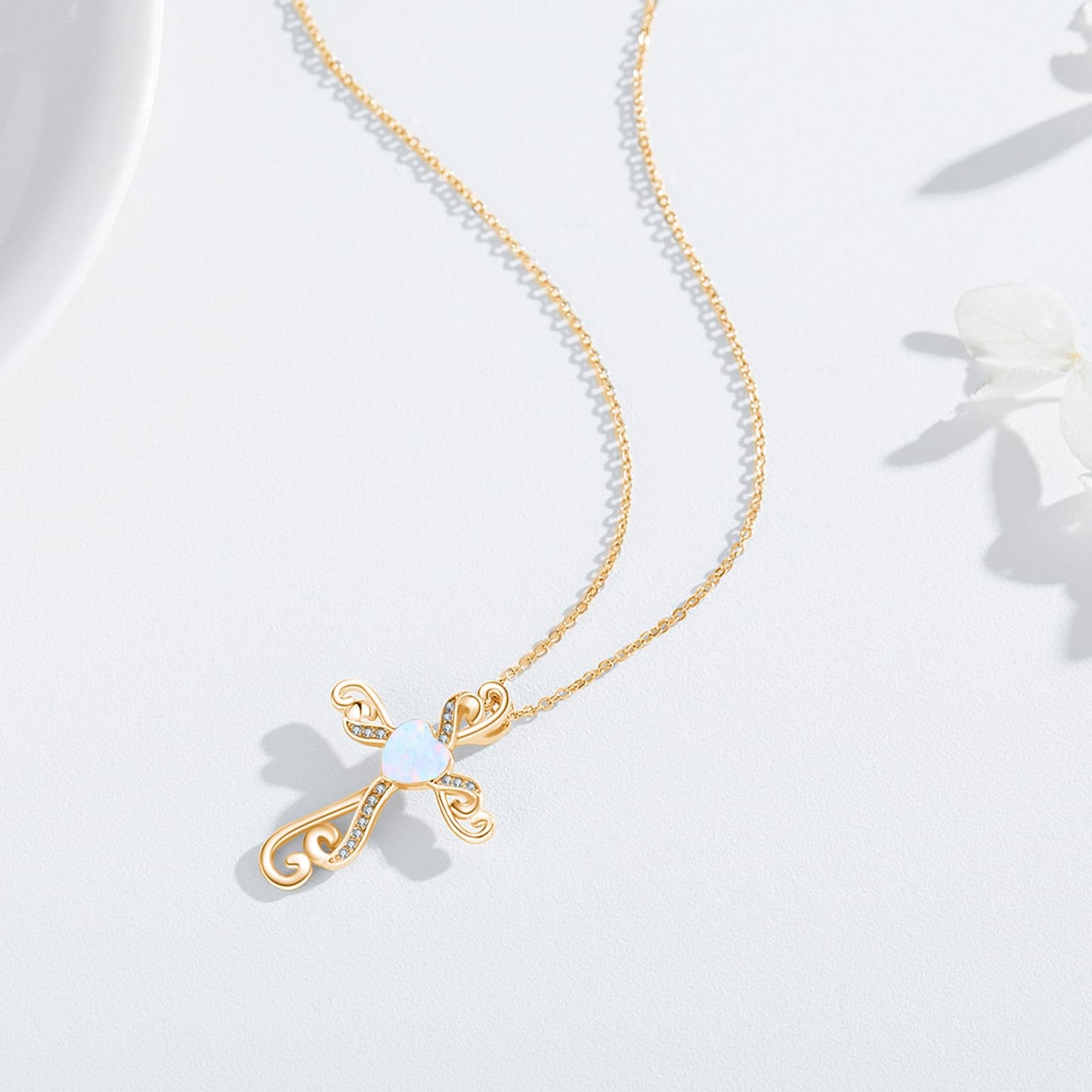 Twoowl 14K Gold Plated Cross Necklace 925 Sterling Silver White Opal Faith Pendant Religious Christian Jewelry Gifts for Mom Women
