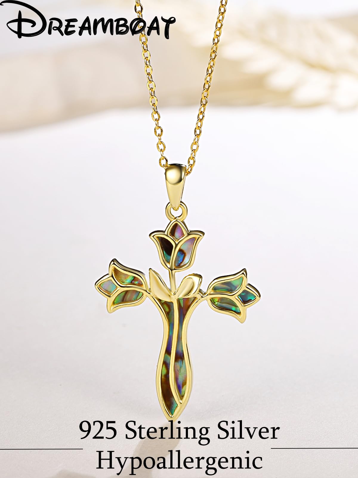 Dreamboat Cross Necklaces for Women Gold Plated Cross Pendant Sterling Silver Christian Necklace Tulip Rose Abalone Shell Faith Confirmation Gifts Religious Jewelry for Mom