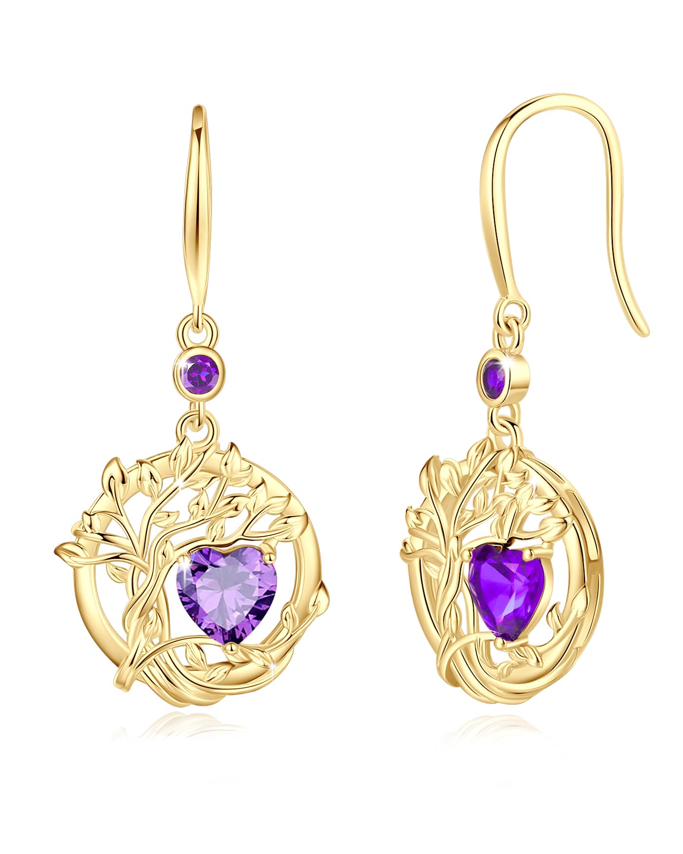 FANCIME Tree of Life Earrings 925 Sterling Silver Yellow Gold Plated Amethyst Dangle Drop Purple Gemstone Earring February Birthstone Fine Jewelry Birthday Mothers Day Gifts for Wife Her Women