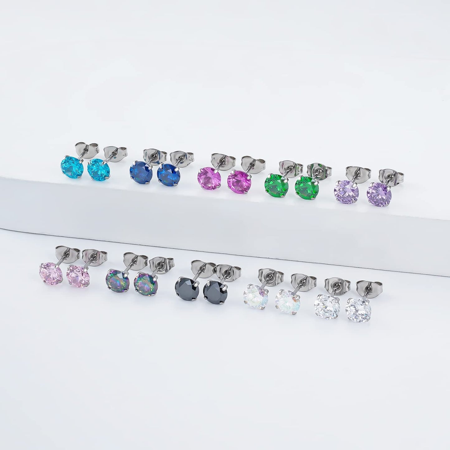 1 Pair Implant Grade Titanium Stud Earrings Set Hypoallergenic 3mm 4mm 5mm 6mm Cubic Zirconia G23 Titanium Earring Studs for Women Men for Sensitive Ear (6mm Aurora)