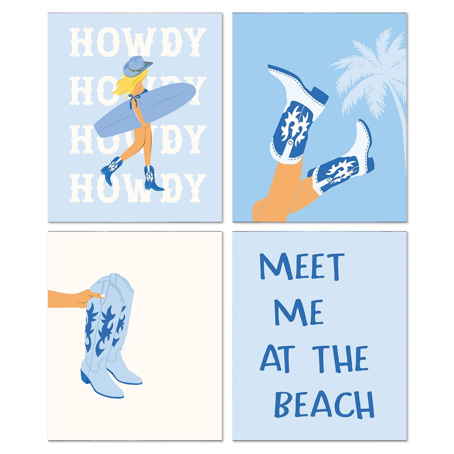 JWVK Western Coastal Cowgirl Beach Diamond Art Kits 4 Pack, Blue Ocean Howdy DIY Diamond Gem Painting Art Kits for Girls Kids Adults Beginners, Coastal Cowgirl Granddaughter Room Decor 10x11.8 Inch