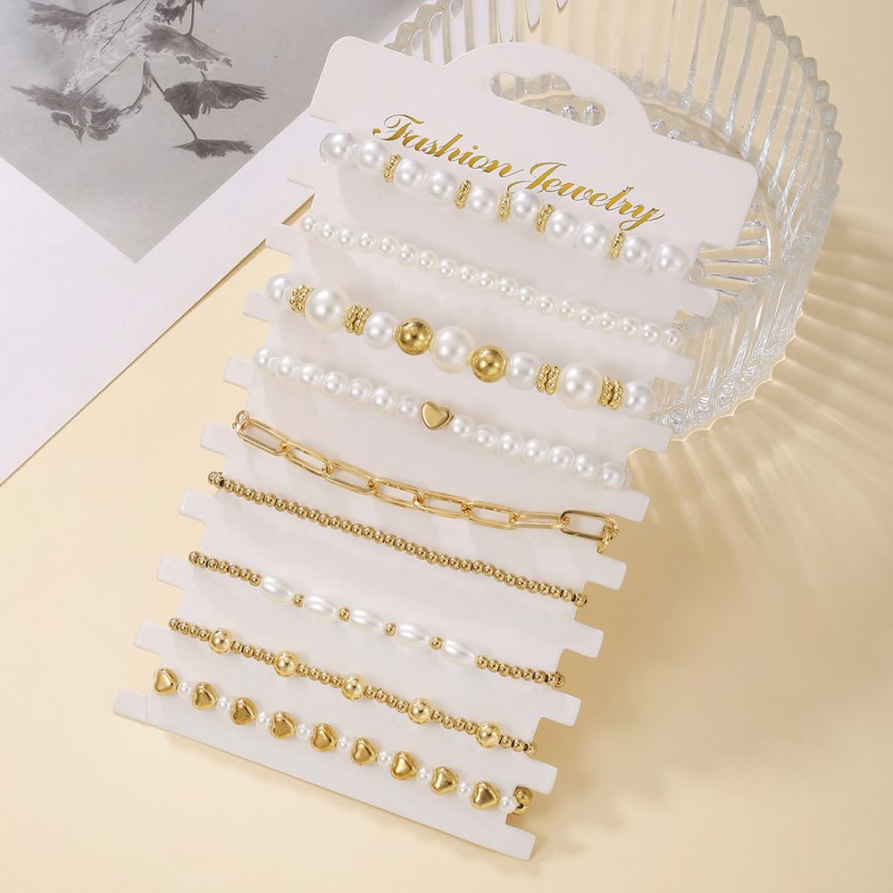 KZL Chunky Imitation Pearl Stackable Stretch Bracelet Set for Women 14K Gold Plated Beaded Stack Bracelets Layered Pearl Elastic Bracelets Wedding Jewelry Gifts-Style 1