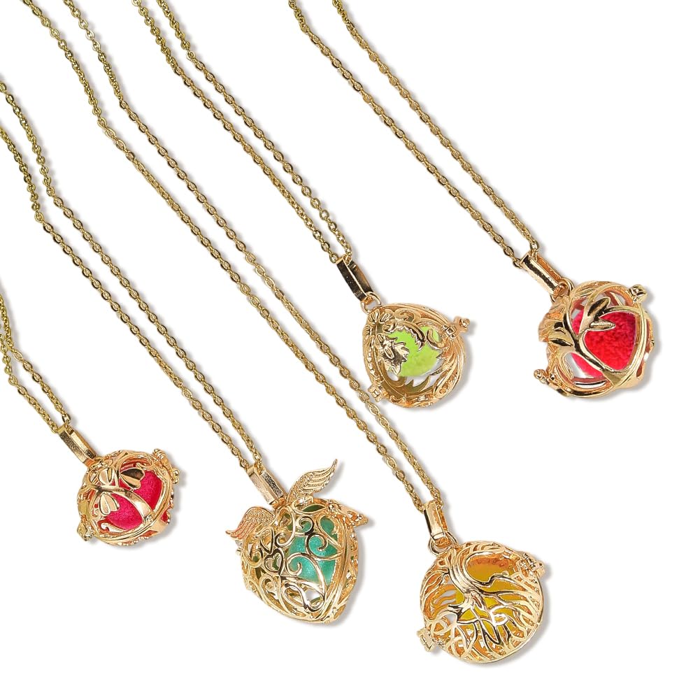 SUNNYCLUE 1 Box 5Pcs Aromatherapy Necklaces Diffuser Necklace with 20Pcs Pom Pom Ball Tree of Life Angel Essential Oil Diffuser Jewelry 304 Stainless Steel Hollow Bead Cage Pendants for Women Gifts