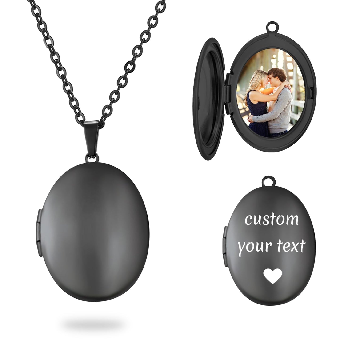 PHOCKSIN Glossy Black Lockets Personalized Oval Locket Necklace Custom Photo Locket Necklace for Women Picture Locket Necklaces with Text Engraved Customized Gifts for Mom Daughter
