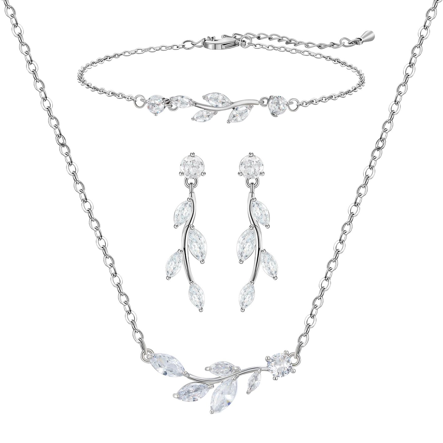 SWEETV Bridal Jewelry Set for Bride & Bridesmaid - Cubic Zirconia Leaf Vine Earrings, Necklace & Bracelet Set for Wedding & Prom
