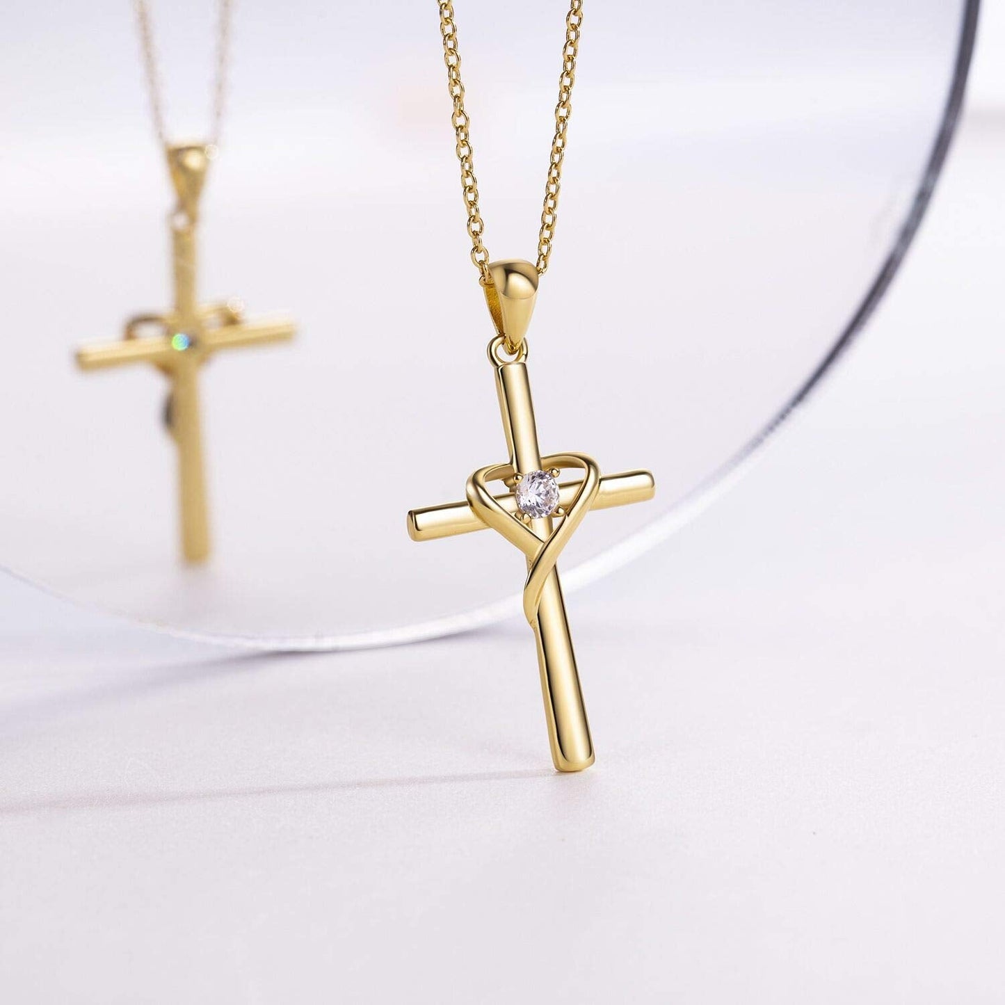 AmorAime 925 Sterling Silver Cross Necklace for Women Men 14K Gold Plated 5A CZ Birthstone Necklaces for Holiday (Z-Gold)