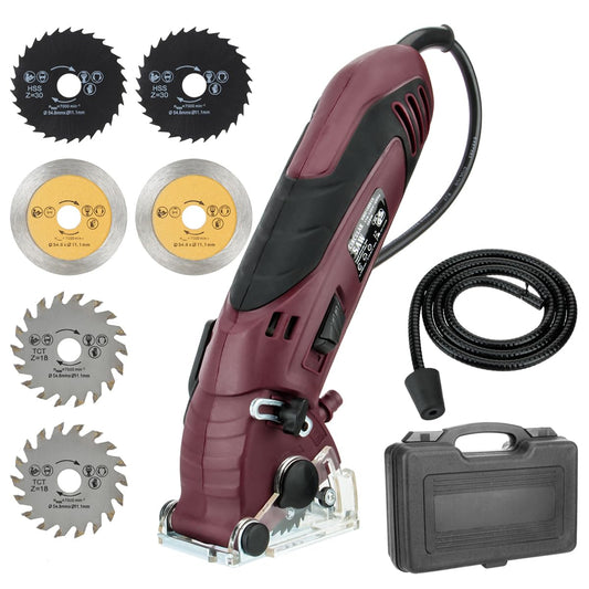 BRZOXIN Mini Circular Saw Set, Handheld Circular Saw Corded 3400RMP 400W 110V Max Cutting Depth ½ Inch/12mm w/6 Blades, Multifunction Compact Circular Saw for Wood Drywall Tile Soft Metal PVC Pipe