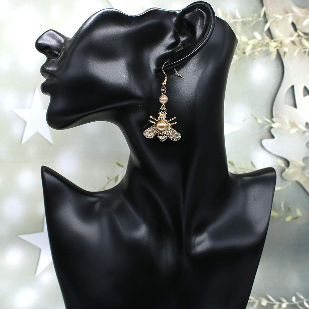 Honey Bee Drop Earrings Crystal Insect Themed Dangle Earring Animal Fashion Shell Pearl Hook Earring Gold Tone for Women Jewelry(Gold pearl +gold pearl hook)