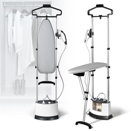 Hapyvergo Standing Garment Steamer, 1500W Upgraded Steamer for Clothes Rapid Heats in 25s for 1 Hour Steam, 1.6L Water Tank, Self-Cleaning, Dual-Protection Tech, Ironing Board, Hanger, Gloves